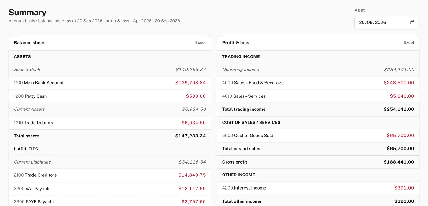 The accounting summary with the balance sheet beside the profit and loss