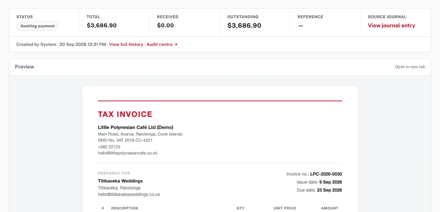 A tax invoice awaiting payment, with its status, total and outstanding balance